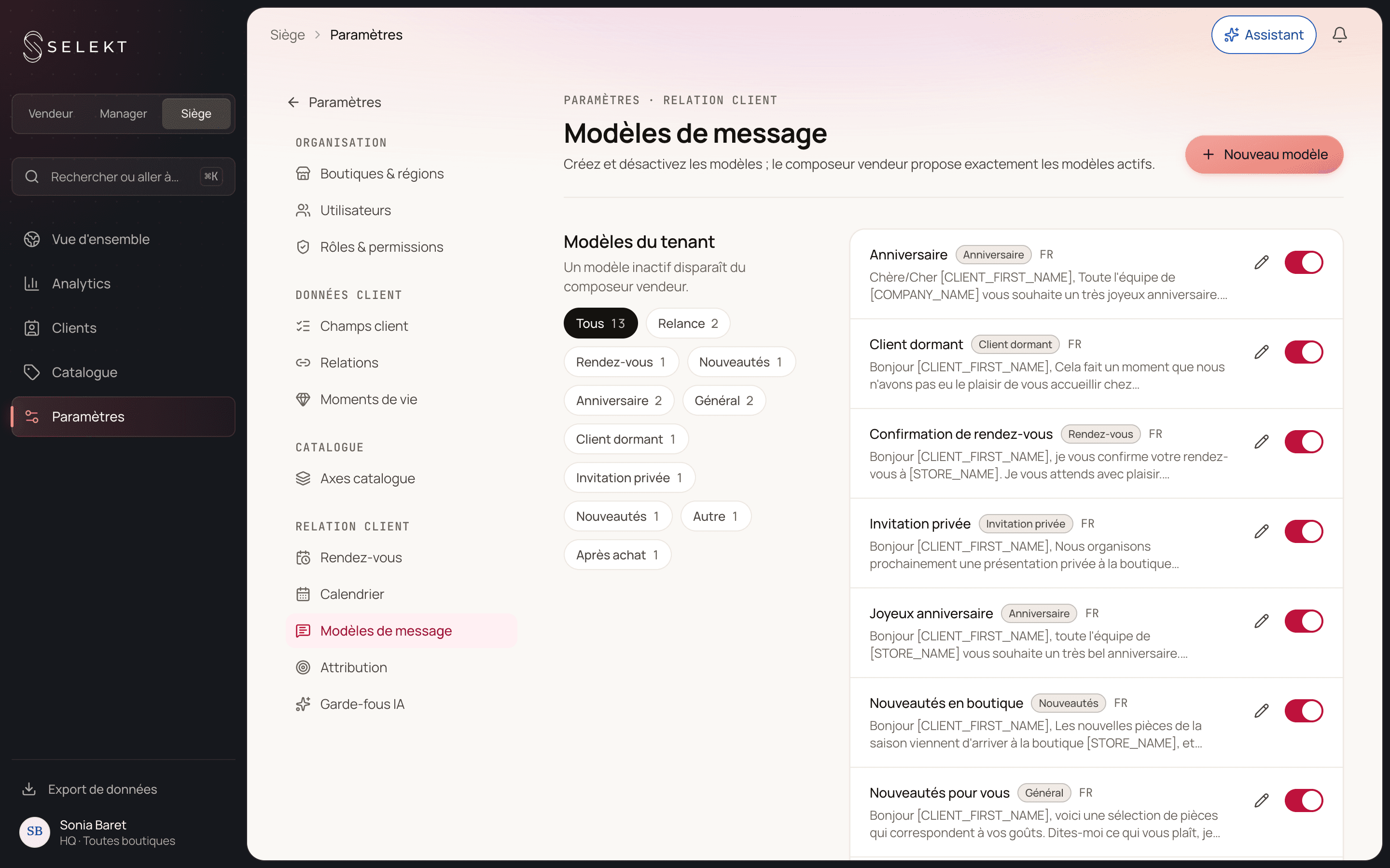 Selekt — modèles de messages de la maison