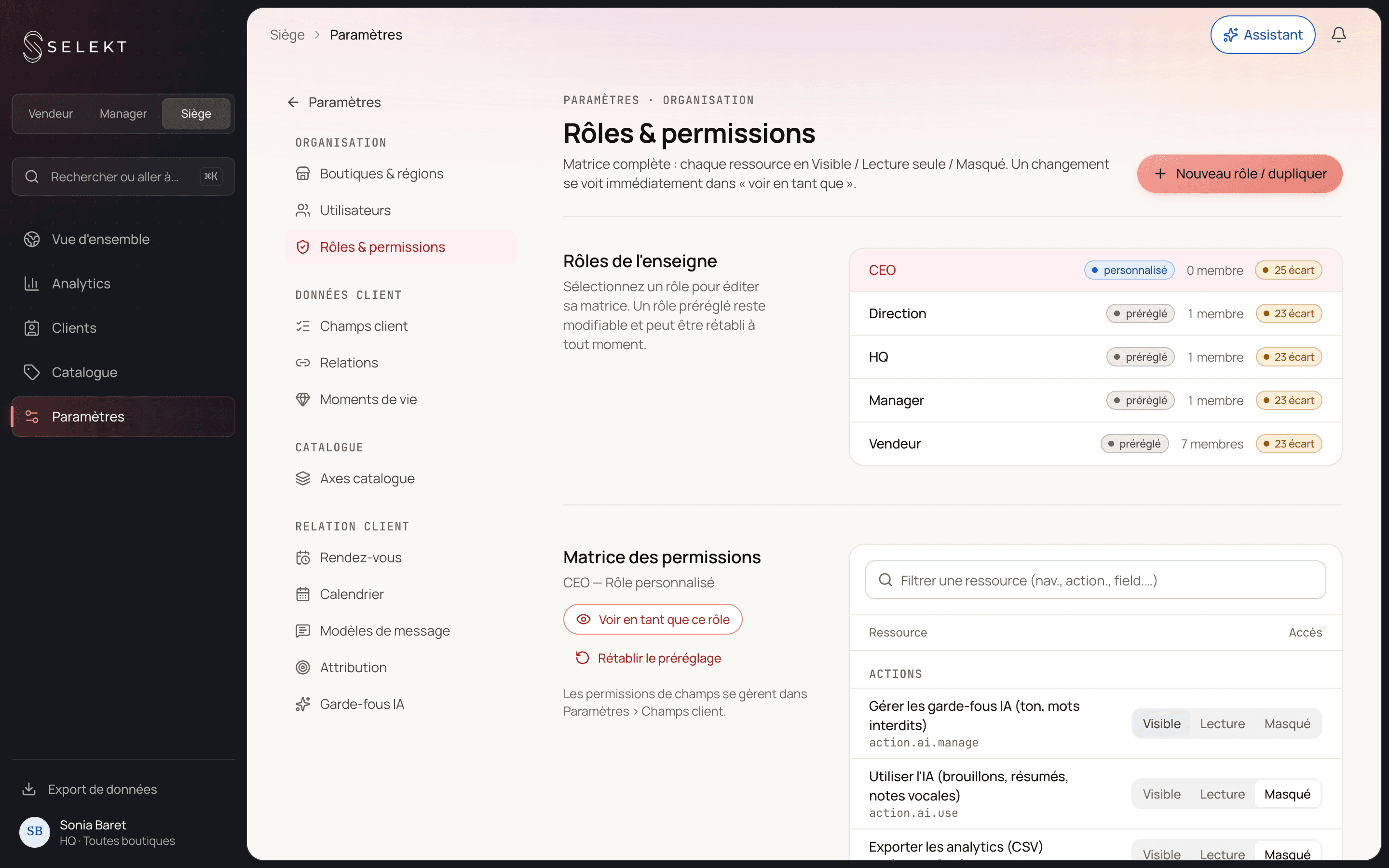 Selekt — rôles et permissions par niveau