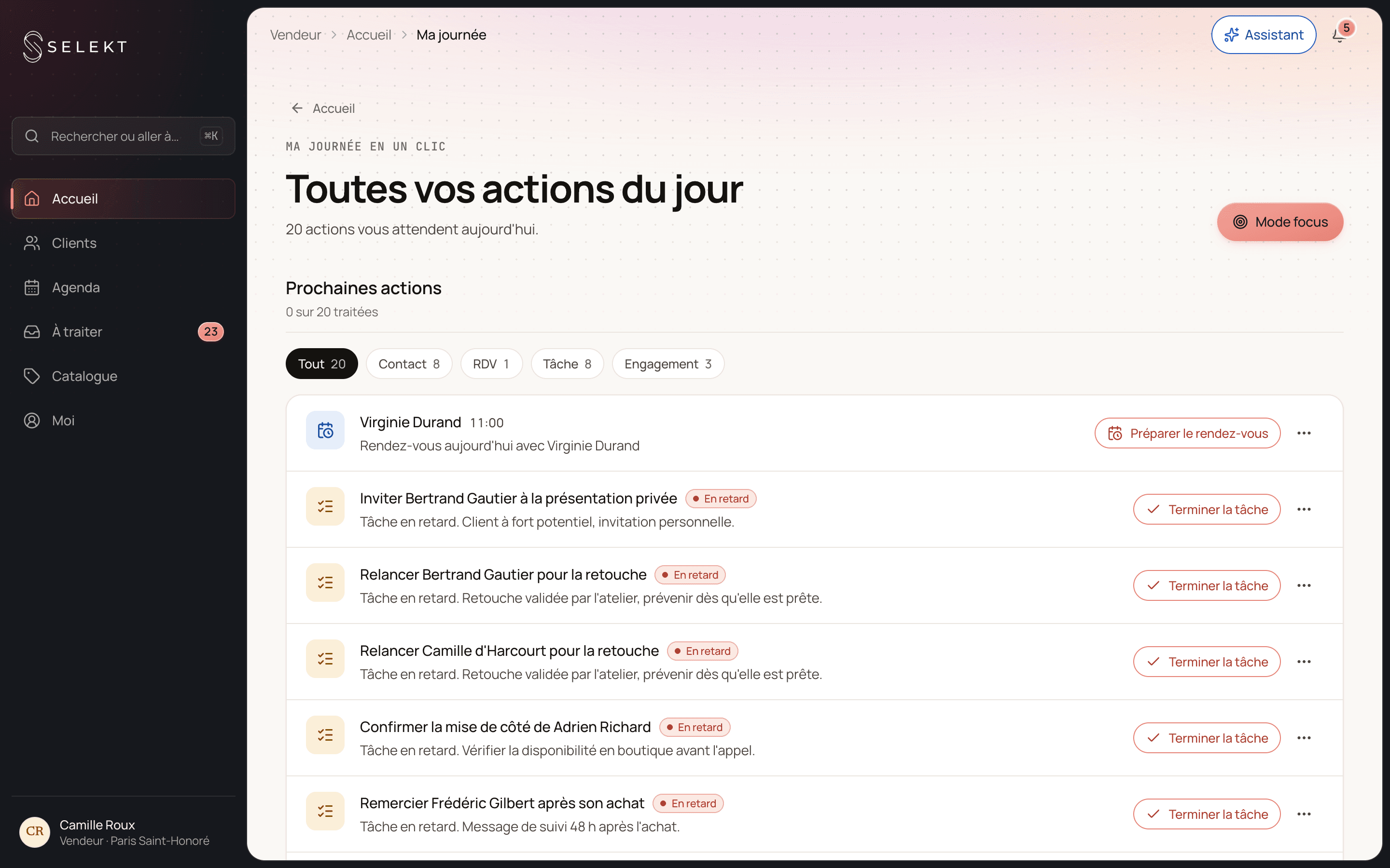Selekt — la journée du conseiller, relances et priorités