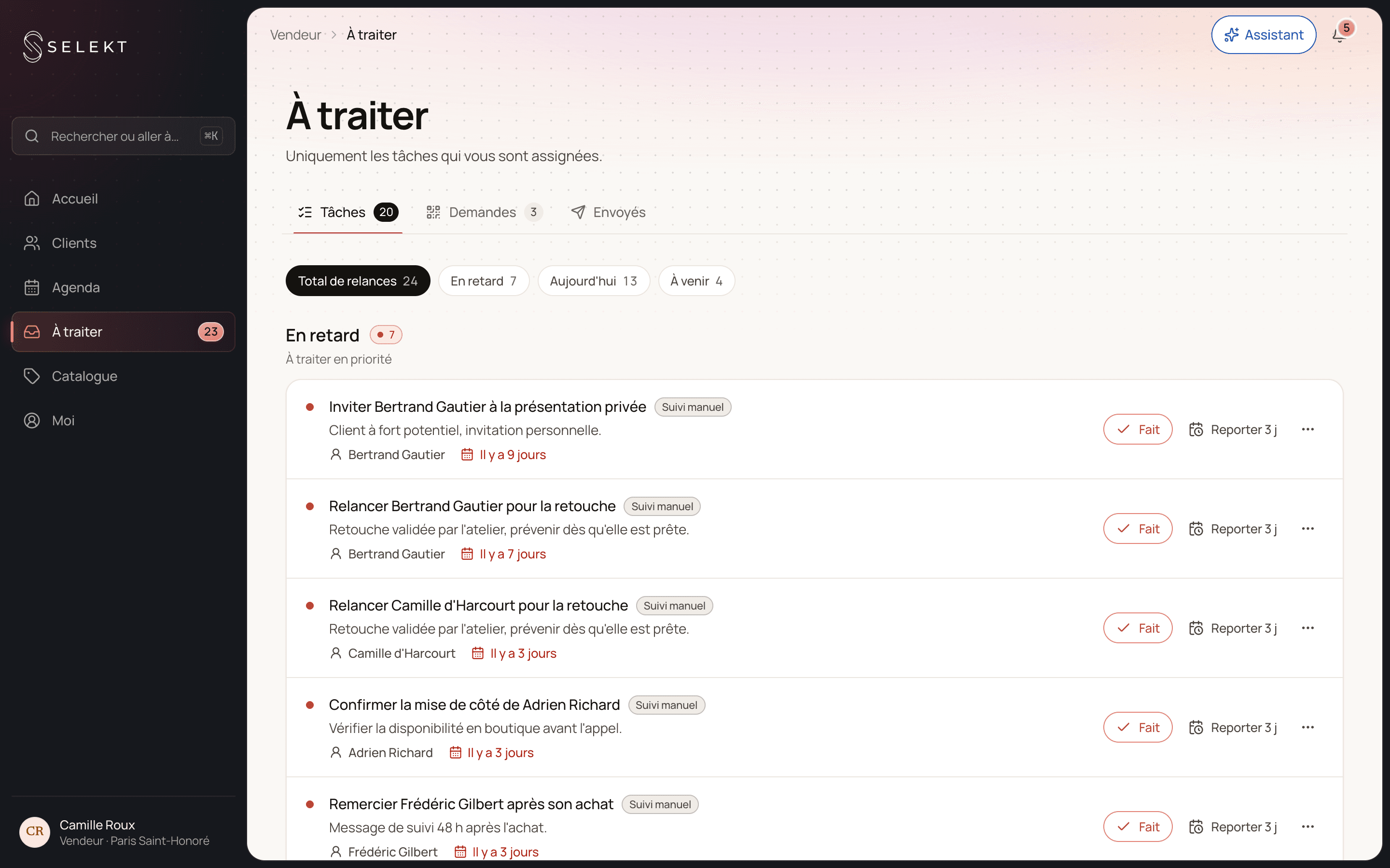 Selekt — tâches et relances du jour
